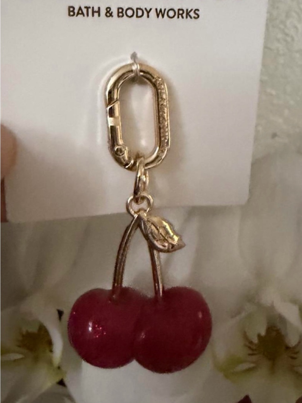 Bath & Body Works Gold Cherry Keychain with Red Cherries